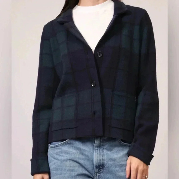 TAHARI Blue and Green Plaid Button Up Sweater / Blazer - Picture 1 of 3